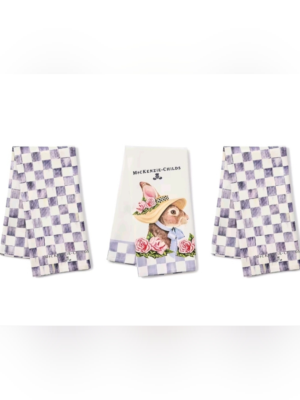 MacKenzie-Childs Violet Rabbit Tea Towels Three Piece Brand New
